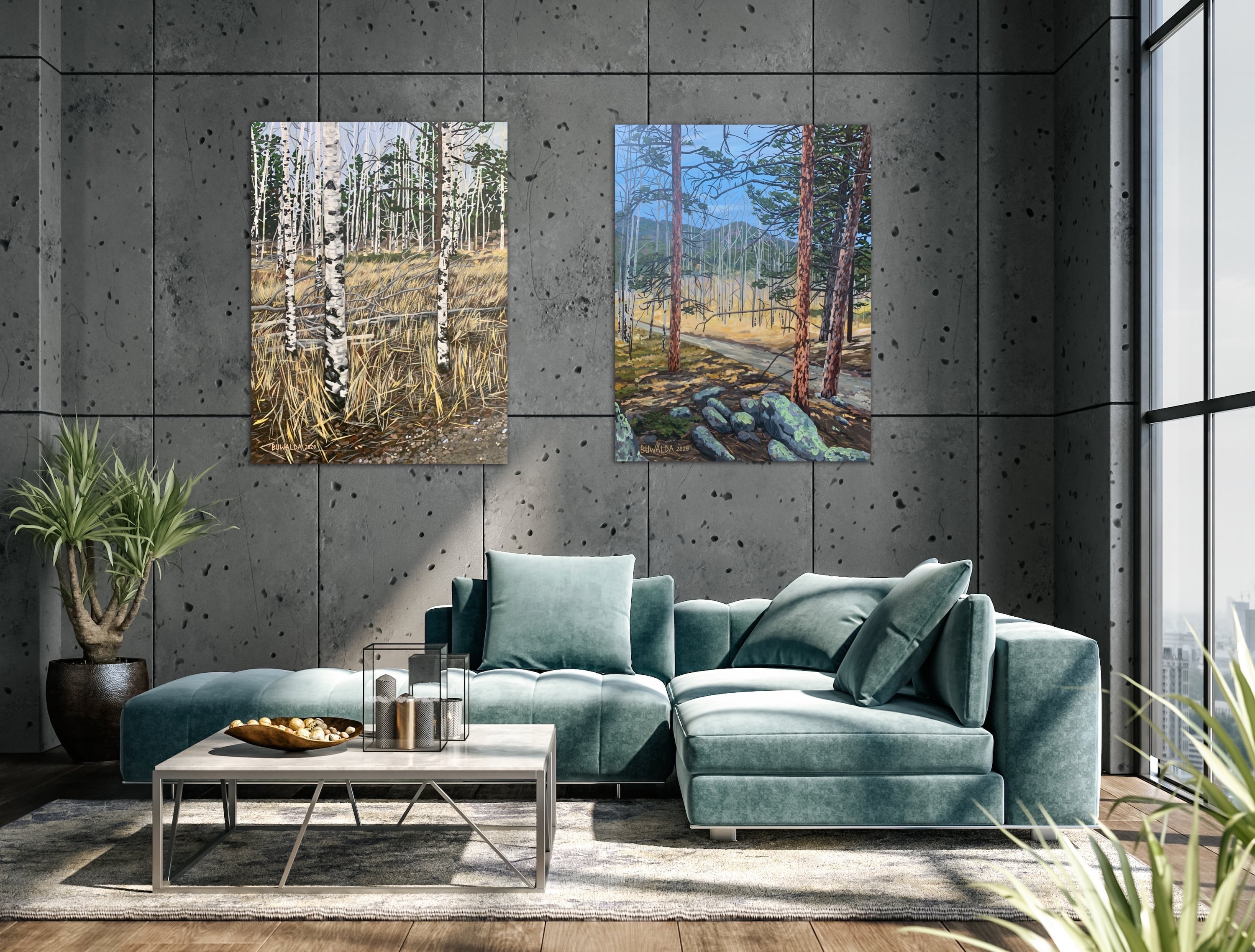Original Diptych Acrylic on Canvas "January Aspens" and "January Pines" BFAS Private Collection